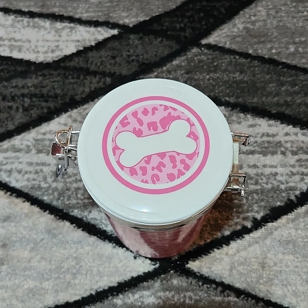 PINK LEOPARD PRINT AIRTIGHT PLASTIC DOG TREAT CONTAINER